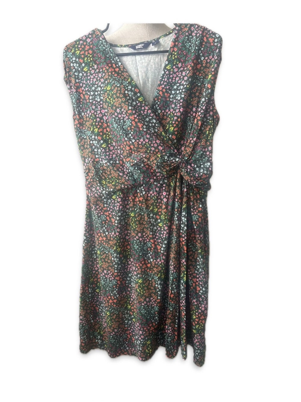 Lands End Dress Womens Large 14-16 Faux Wrap Grey Multicolor Floral Flare Casual